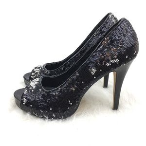 Ellie Womens High Heel Open Toe Sequin Glitter Platform Pumps Club Flamingo 4"